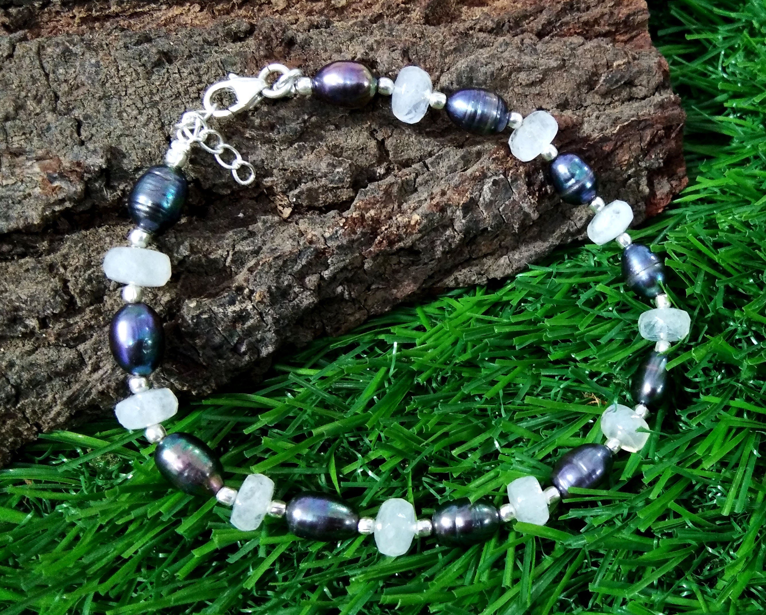 Rainbow Moonstone & Grey Pearl Adjustable Bracelets, Natural Gemstone With 925 Silver Jewelry, Wedding Bracelet, Bridesmaid Gift For Women